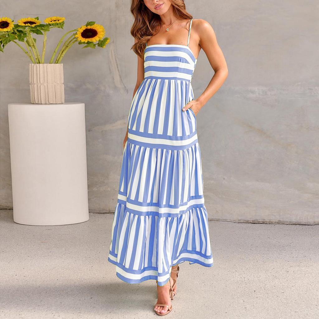 GMXIA Women's Striped Positioning Print Halter Halter Pocket Dress for Women