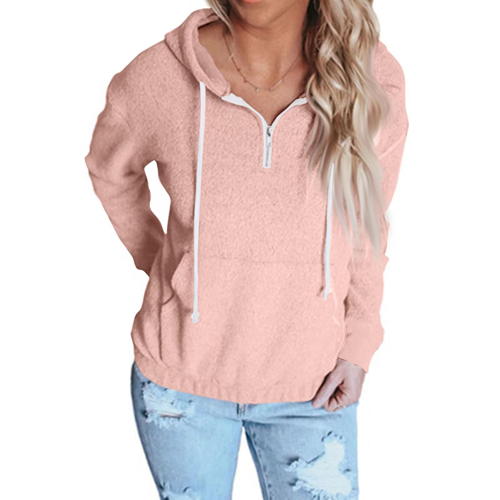 

Женский однотонный пуловер с капюшоном и шнурком на молнии, повседневный пуловер с длинными рукавами, топ XXL розовый