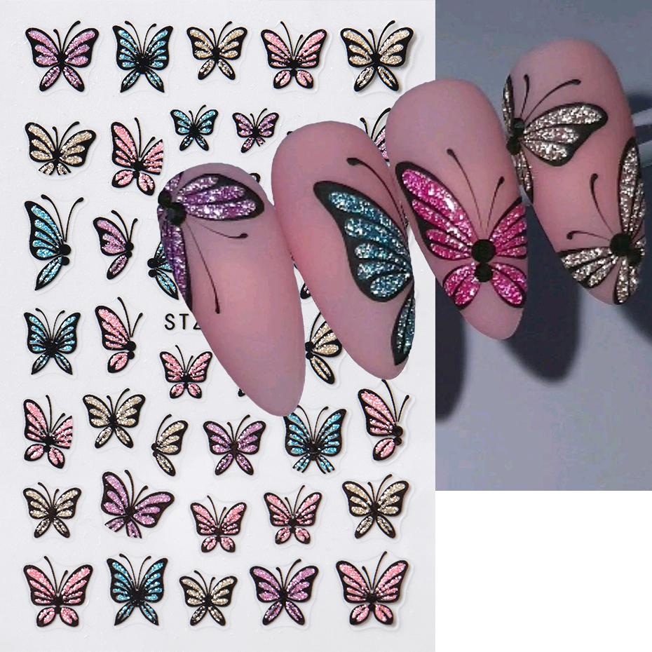 Autocollants pour Ongles Papillon Pailleté Décalcomanies Charme 3D Brillant Bleu Rose Design Auto-adhésifs Glissières Foils Nail Art Décorations Manucure