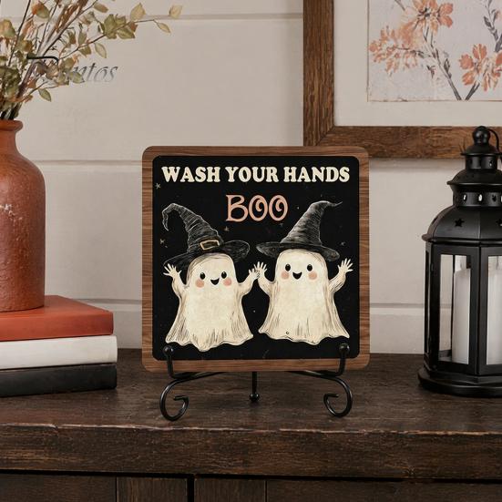 Autumn Festive Decor Halloween Wooden Table Sign, Cute Ghost Boo Plaque Sign with Rustic Fall Bathroom Metal Stand for Indoor Desk Shelf Home
