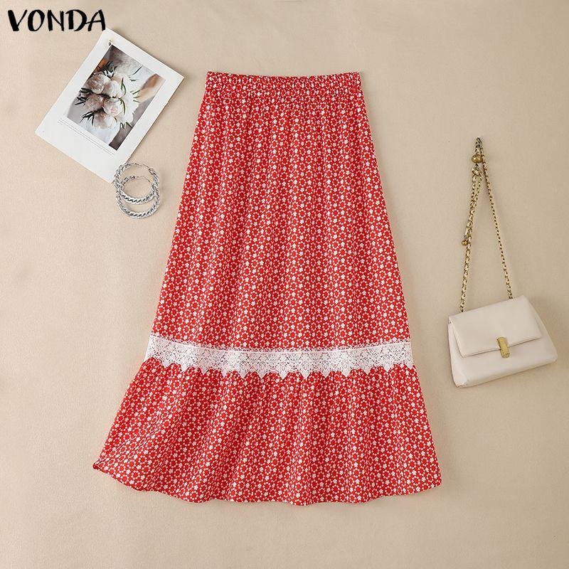 VONDA Women Elastic Waist Front Lace Hem Floral Print Casual A-Line Pleated Swing Skirts
