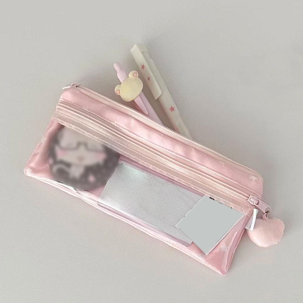 Pink Pen Bag Cute Cartoon Star Rabbit Pattern Plush Large Capacity Pencil Case Zipper Design Stationery Storing Bag Students