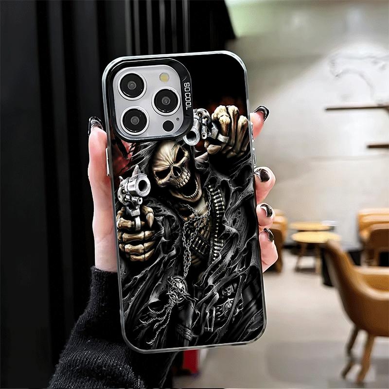 Sensemann Totenkopf Skelett Pistole Stoßfeste Handyhülle für iPhone 17 Air 16 16E 15 Pro Max 14 Plus 13 Mini 12 Rückseite Anti-Fall-Schutz