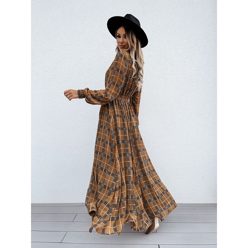 Dress European and American Style Grid Slim Long Sleeve Dress