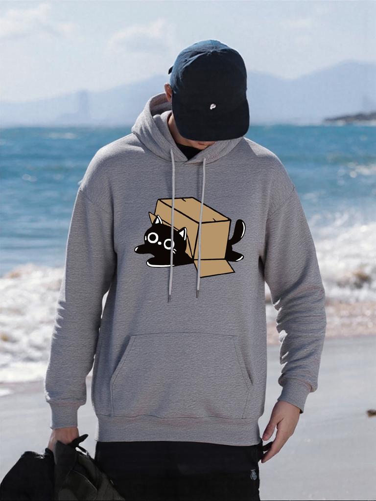Cardboard Box Black Cat Printing Man Hoody Loose Fleece Hoodies Autumn All-Match Pullovers Multicolor Hip Hop Mens Sportswears