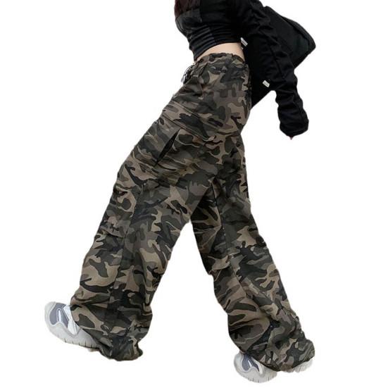 Women Cargo Pants Elastic High Waist Adjustable Drawstring Casual Trousers Camouflage Print Loose