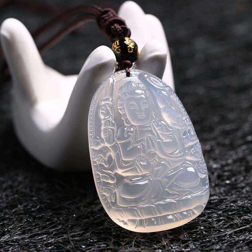 White agate eight guardian natural crystal Guanyin pendant, twelve zodiac white chalcedony Buddha pendant 202