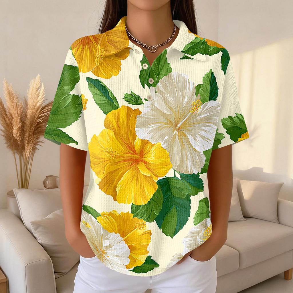 Women Casual Short Sleeve Hawaiian Print Waffle Knit Polo Shirt Lightweight Breathable Summer Top Relaxed Fit