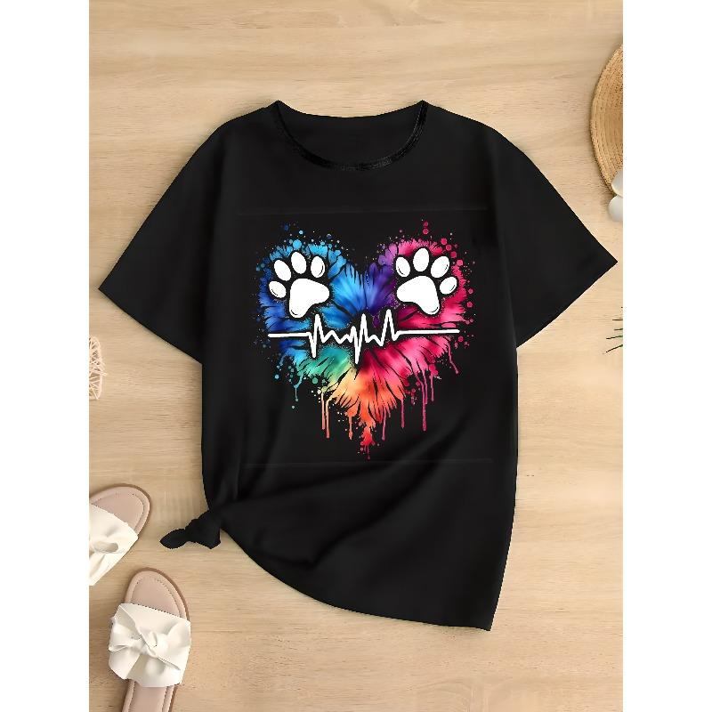 

European Size Womens Plus Size Geometric Paw & Heart Print T Shirt Black Crew Neck Short Sleeve Soft Polyester Blend Stretch Knit Machine Washable 4XL чорний