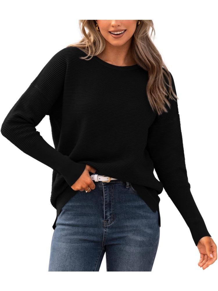 Autumn Winter Women's Sweater Long Sleeve Ribbed Knit Pullover Loose Round Neck Batwing Split Luxurious Relaxed-fit Slimming and Versatile Top