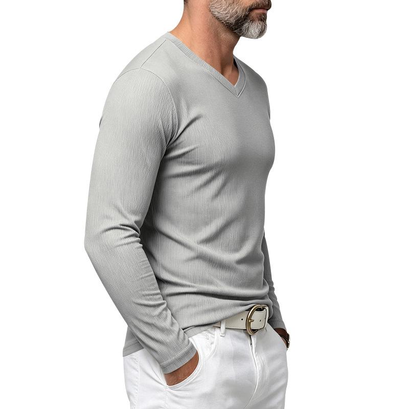 T-shirt da uomo a maniche lunghe con scollo a V a coste verticali, elasticizzata, vestibilità slim, maglia base, maglioni casual da indossare quotidianamente