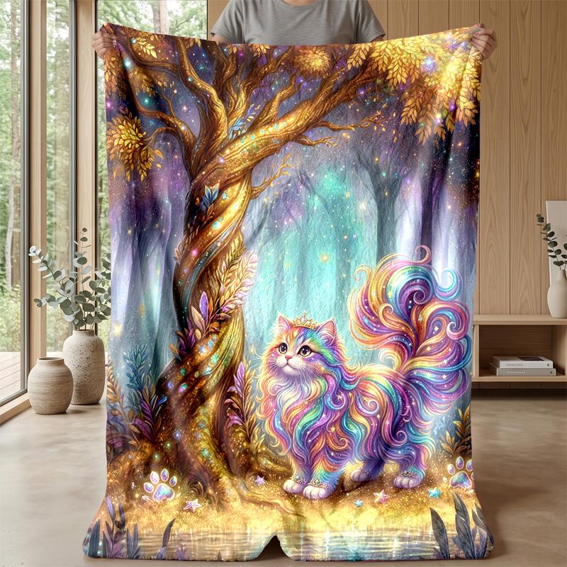 Rainbow Cat Fantasy 3 Theme Blanket Lightweight Warm Flannel Blanket Decorative Throw Blanket for Home Decoration