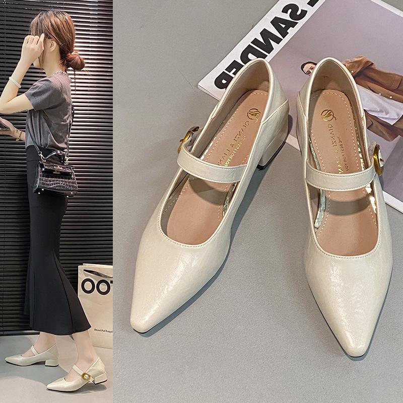 High-end pointed leather single shoes women's autumn new Korean version French gentle fairy temperament high-heeled Mary Jane shoes
