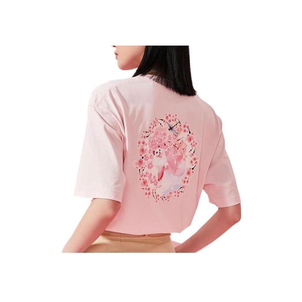 Li Ning SS22 Cherry Blossom Series Loose Short Sleeve Round Neck T-Shirt Women Tops Pink AHSS912-2