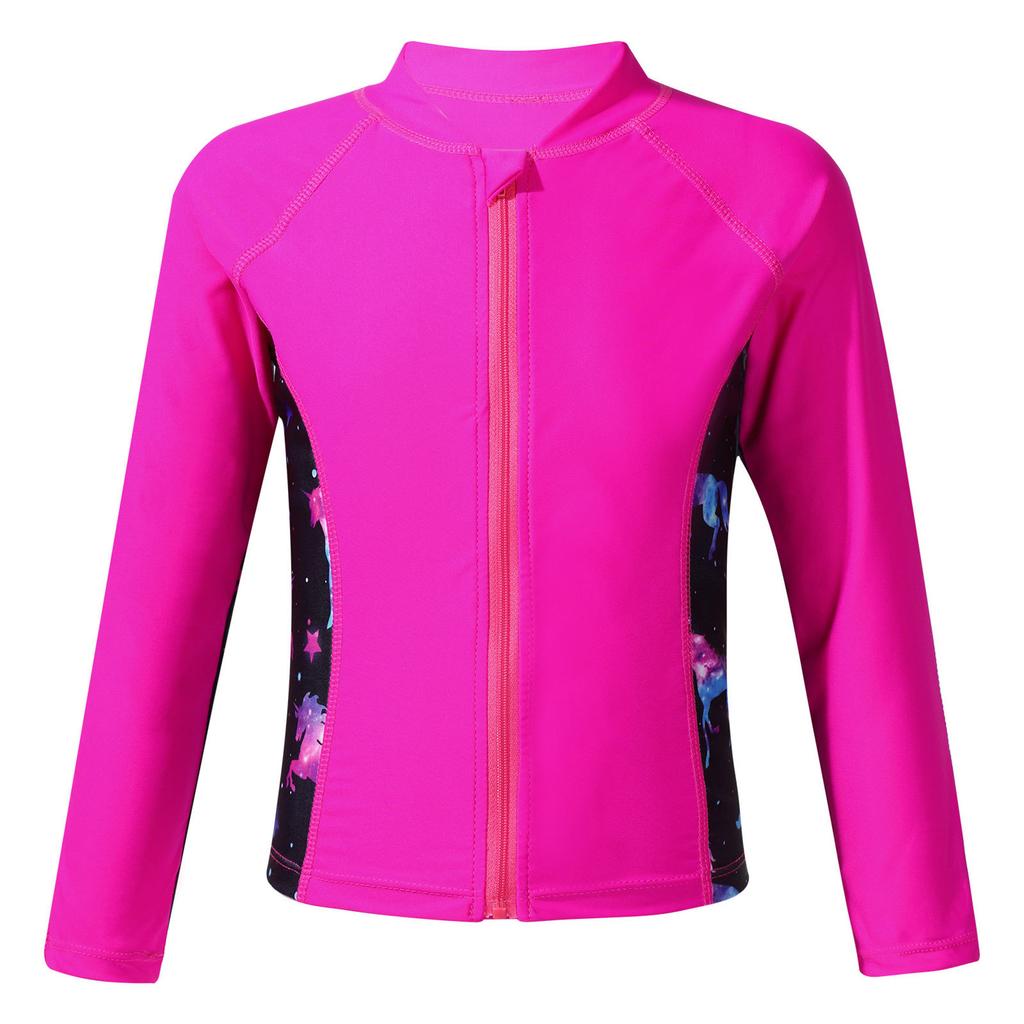 Mergaičių UPF 50+ maudymosi marškiniai ilgomis rankovėmis su užtrauktuku, apsauginis nuo saulės topas, maudymosi drabužiai baseinui, paplūdimiui