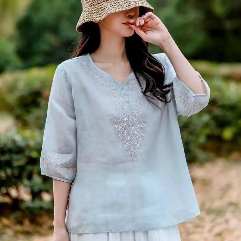 Light Yellow V Neck Embroidered Three Quarter Sleeve Linen Blend Blouse for Women