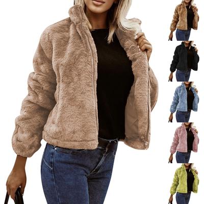 Damen Casual Fashion Stehkragen Reißverschluss Einfarbig Plüsch Lose Jacke