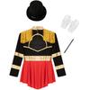4Pcs Kids Girls Circus Magician Costume Complete Set: Long Sleeve Jumpsuit with Keyhole Back, Top Hat, Gloves & Wand for Halloween Show