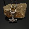 Nordic Viking Leather Necklace Crafted Hammer Celtic Wolf Head Necklace Men's Long Jewelry