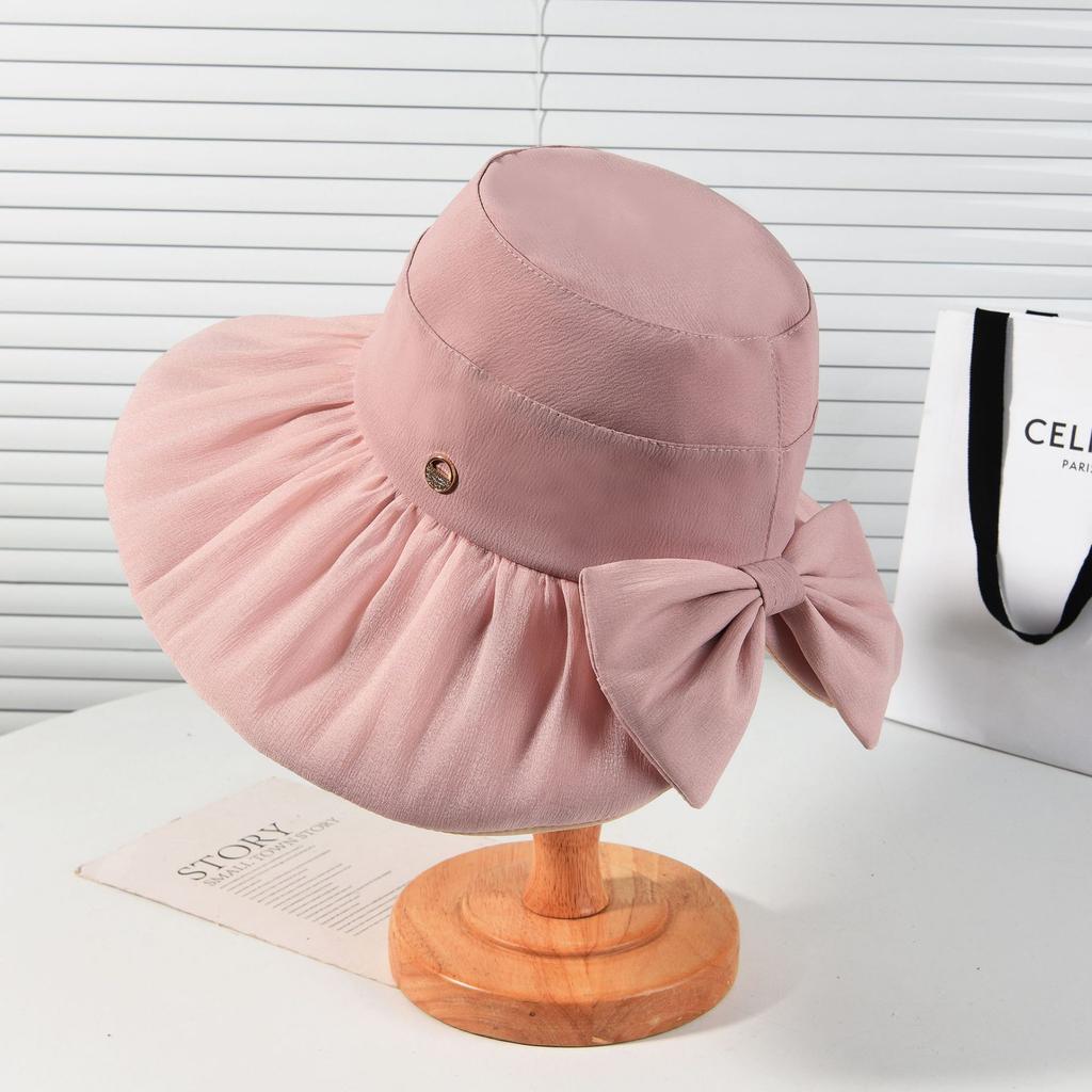 New big brim sun hat women's summer Korean version sun protection bucket hat casual versatile sun hat peach heart bow