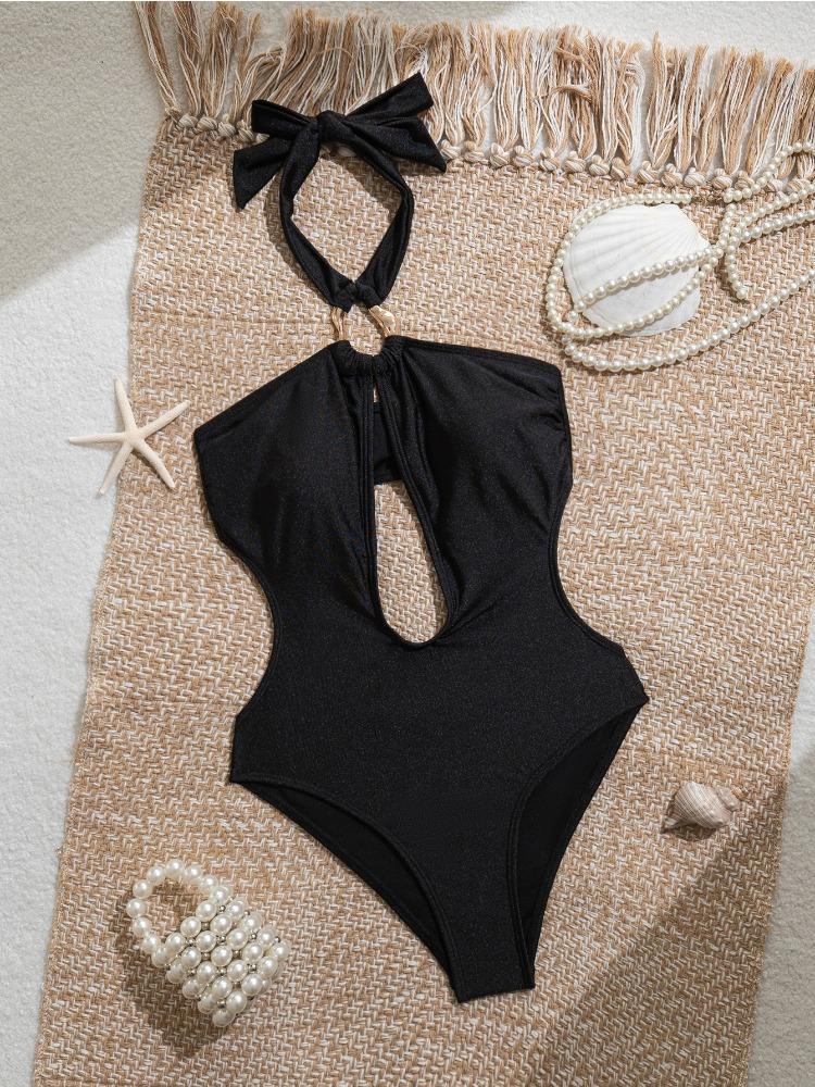 Bikini Sexy de Color Sólido con Aberturas y Cuello Halter para Mujer, Moda Elegante, Traje de Baño para Vacaciones en la Playa