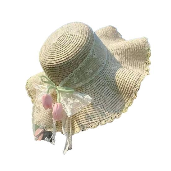 Sun Hat Large Wavy Brim Breathable Summer Straw Hat with Lace Bow Tulip Decor Foldable Portable Travel Hat