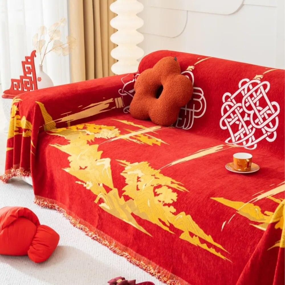 Chinese New Year Red Sofa Cover Towel  New Sofa Cushion Lazy One Piece of Four Seasons Universal Chenille Blanket Carpet