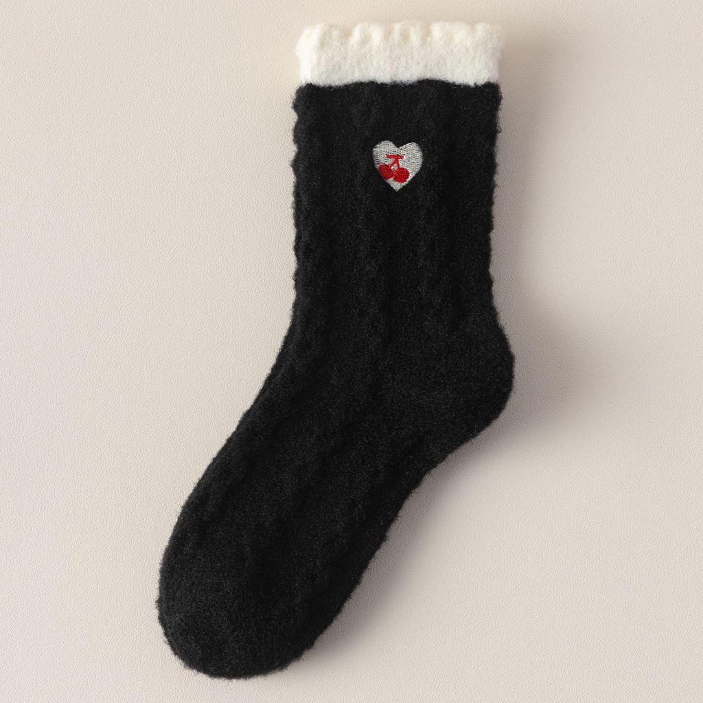 Korean Style Women's Mid-Calf Lace Color Block Wool Socks with Heart Embroidery - Fleece-Lined for Extra Warmth