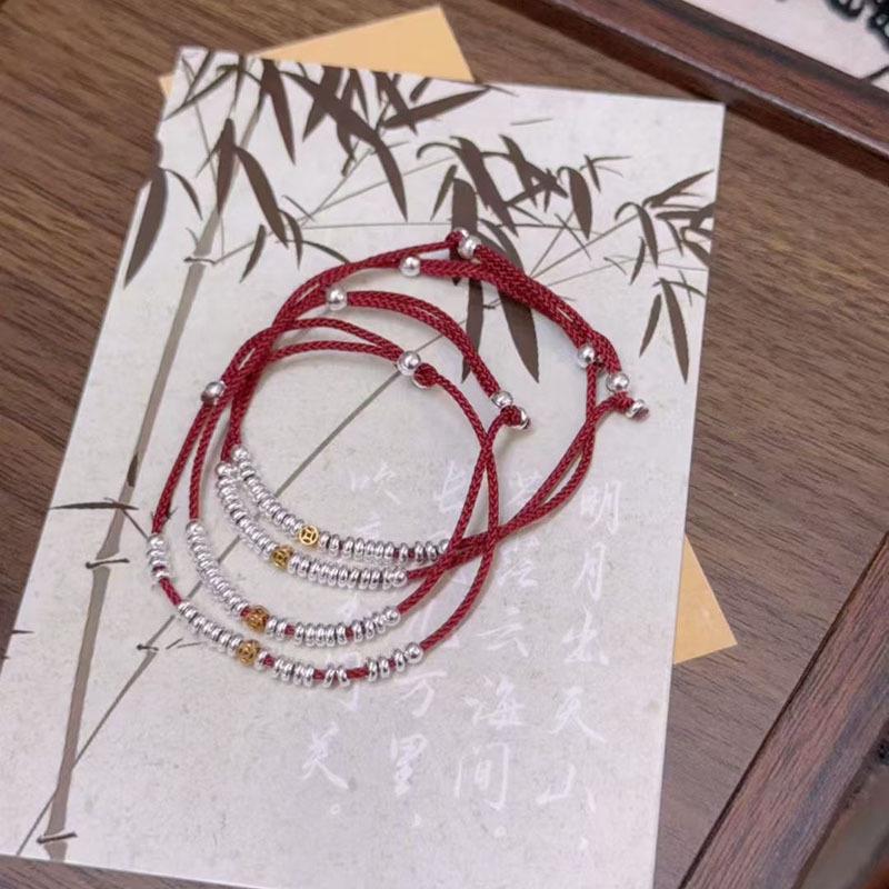 Chinese Style Red Rope Sterling Silver & Gold Coin Bracelet for Women - Elegant Niche Design