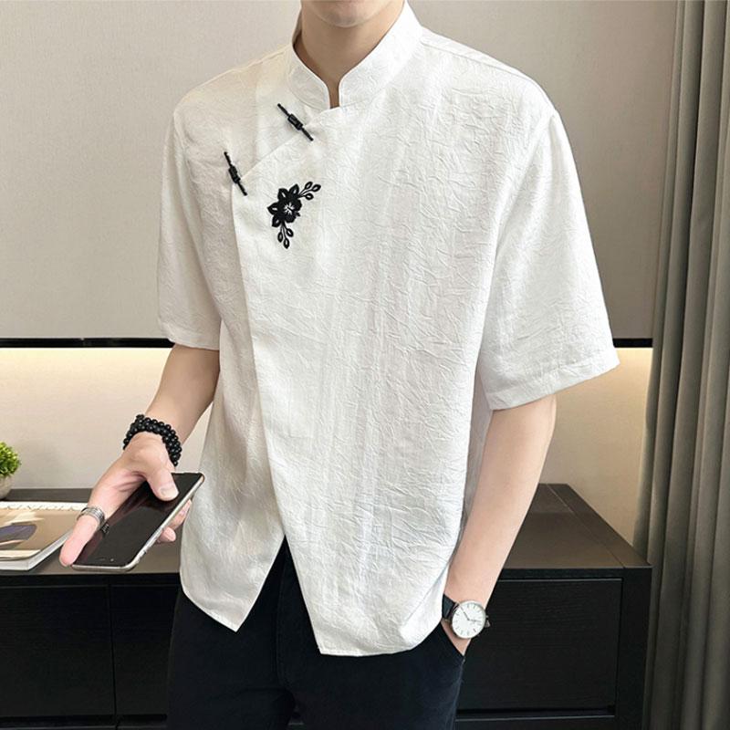 Summer Short Sleeve Shirts Stylish Floral Embroidery Men's Clothing All-match Chinese Style Stand Collar Vintage Button Shirts