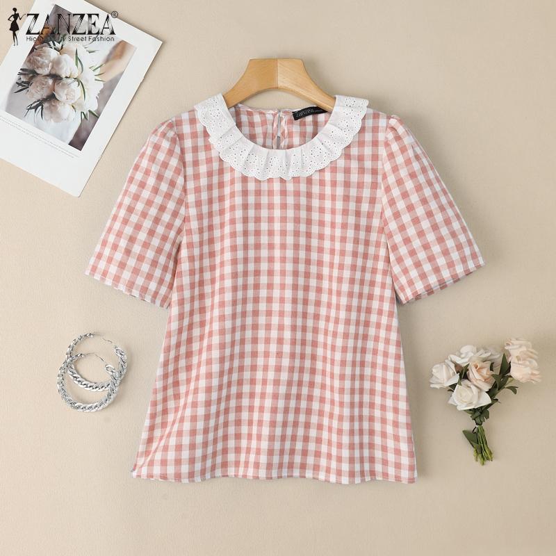 ZANZEA Damen Patchwork Rundhals Casual Kurzarm Bluse mit Karomuster