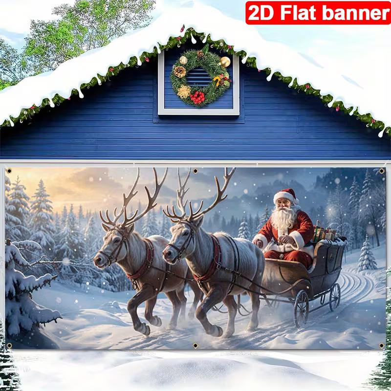 2D Winter Holiday Garage Cover, Santa's Sleigh Ride In Snow Photo Booth Background