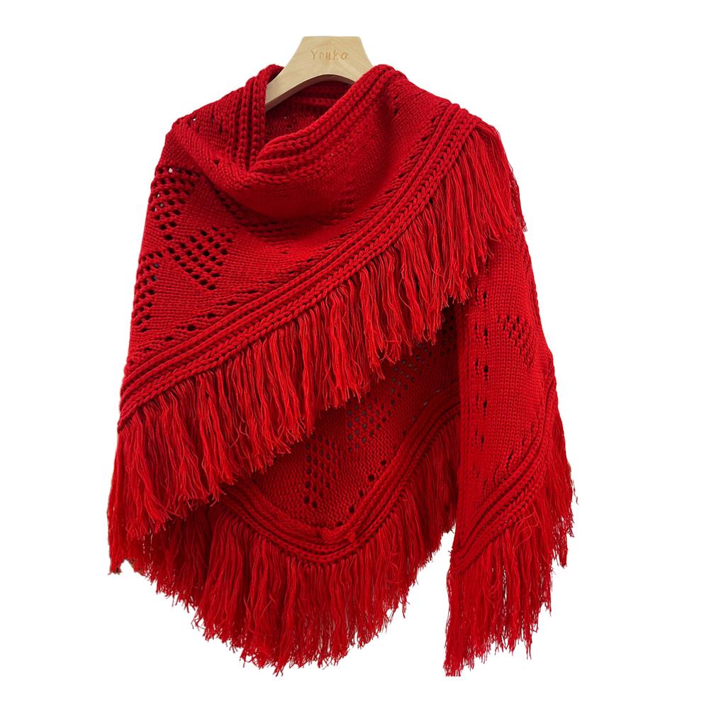 Hand-crocheted triangular fringed shawl retro style hollow design versatile fashion warm street women