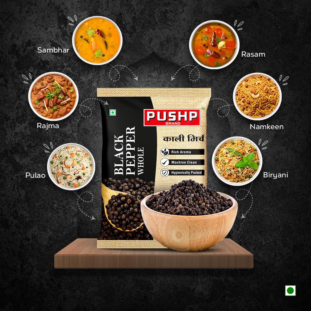 Pushp Brand Whole Black Pepper 500g Pack Of 1 Natural Kali Mirch Premium Aromatic Spice For Daily Kitchen Cooking Use