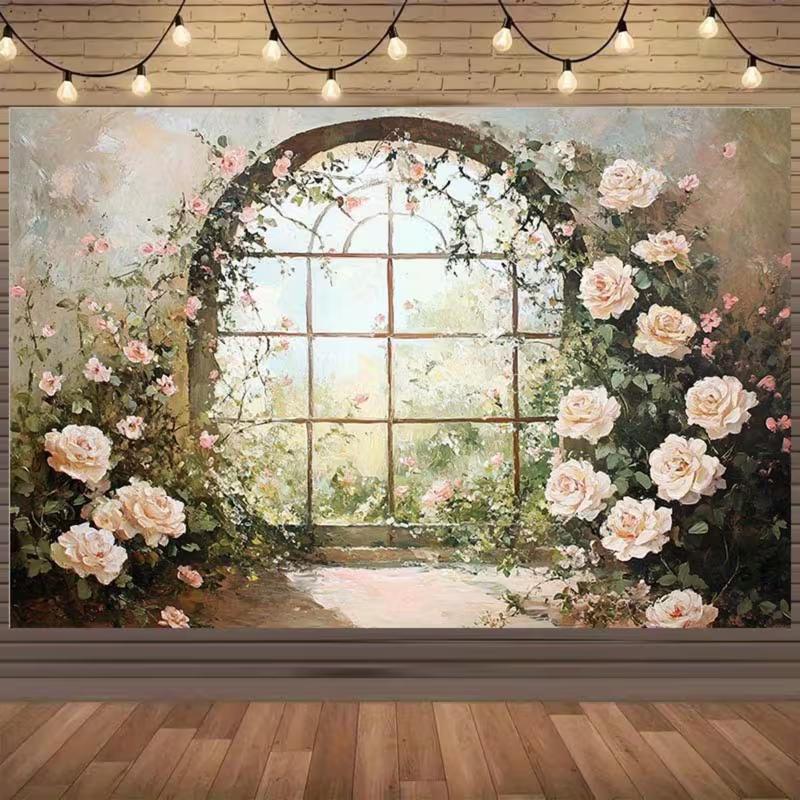 2D Printed Floral Window Backdrop Oil Painting Style Rose Garden Background Cloth