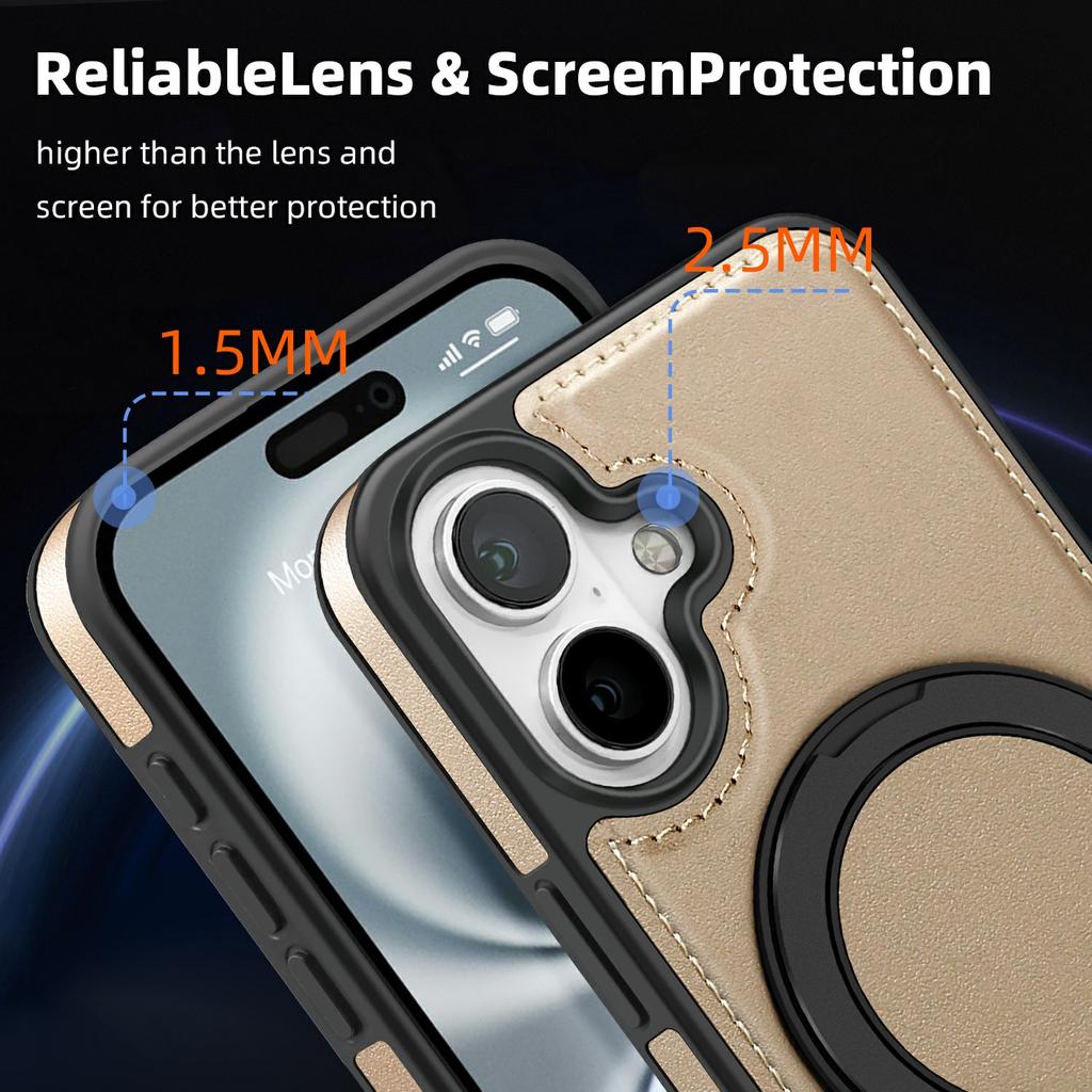 For iPhone 17 Case with Ring Kickstand Compatible with MagSafe PU Leather Back Cover