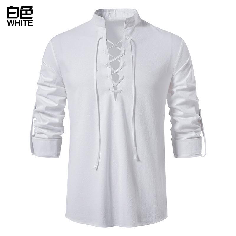 Men's New Men's Cotton and Linen Henry Shirt, Long-sleeved Hippie Casual Beach Stand-up Collar Shirt