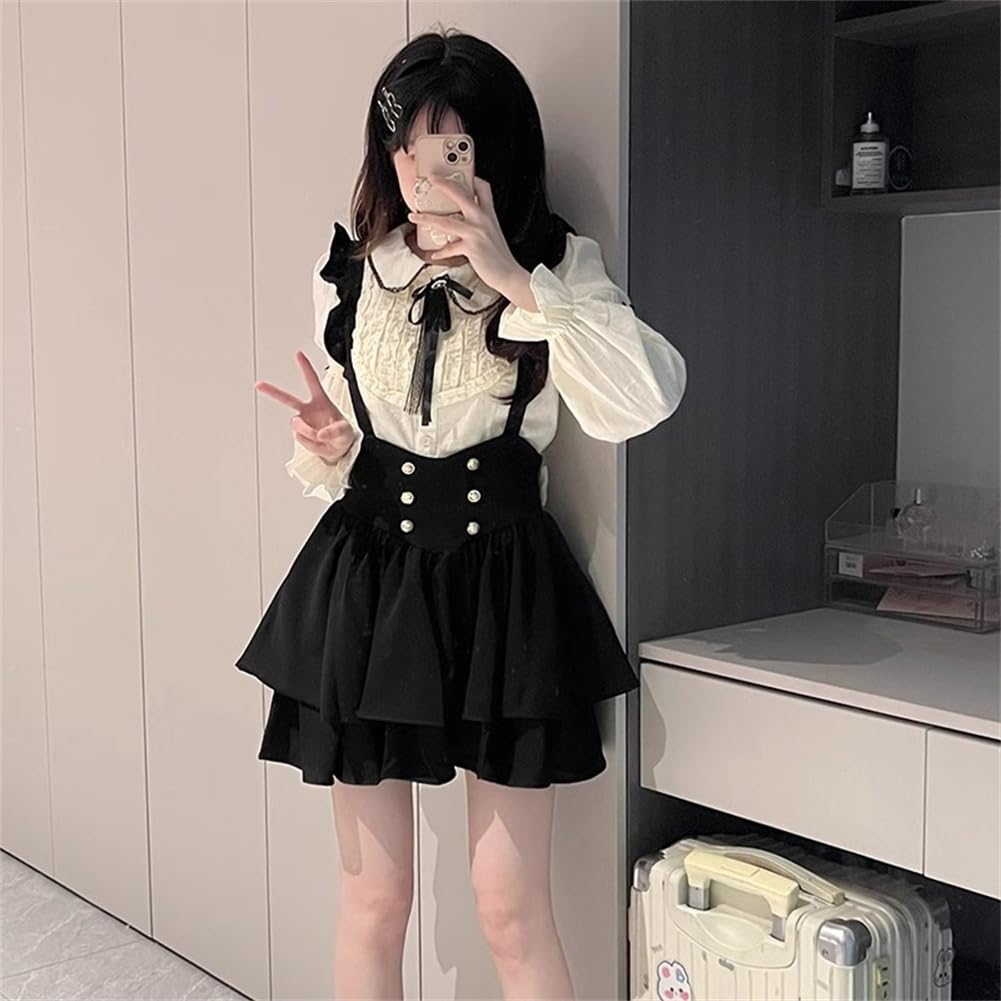 Gothic Lolita Blouse Set with Long Uniform Fall [SDSXZWG] Women's Bowknot, Subculture, School-Style, Sleeves, High-Waisted, Flared, A-Line Bottoms,