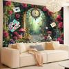 2D Fantasy Wonderland Forest Tapestry Alice Theme with Mushrooms & Cards Wall Hanging