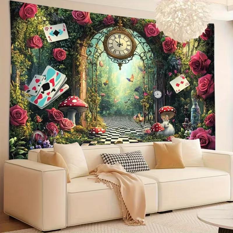 2D Fantasy Wonderland Forest Tapestry Alice Theme with Mushrooms & Cards Wall Hanging