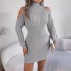 QICED Autumn and Winter Casual Off-the-shoulder, Semi-high Neck, Twisted Lantern Sleeve, Hip-hugging Fur Dress for Women
