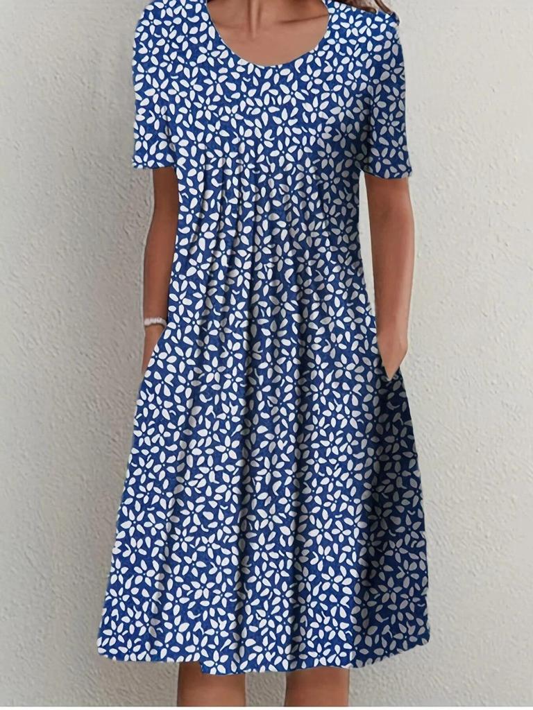 Summer Casual Retro Pleated Printed Beach Skirt Women Long Style Large Skirt Hem Elegant Female Vintage Round Neck Short Sleeved Ladies Party Dress