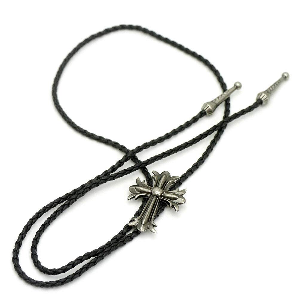 Skórzany krawat z pętelką, kwiatowy krzyż, skórzany naszyjnik choker SM, czarny, jeden rozmiar pasuje do większości, krawat [srebrny], męski