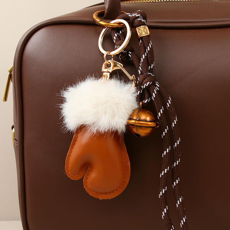 1Pcs Simple Birthday Christmas Pendant Cute Versatile Leather Glove Keychain Creative Metal Bell Braided Rope Bag Charm Decor