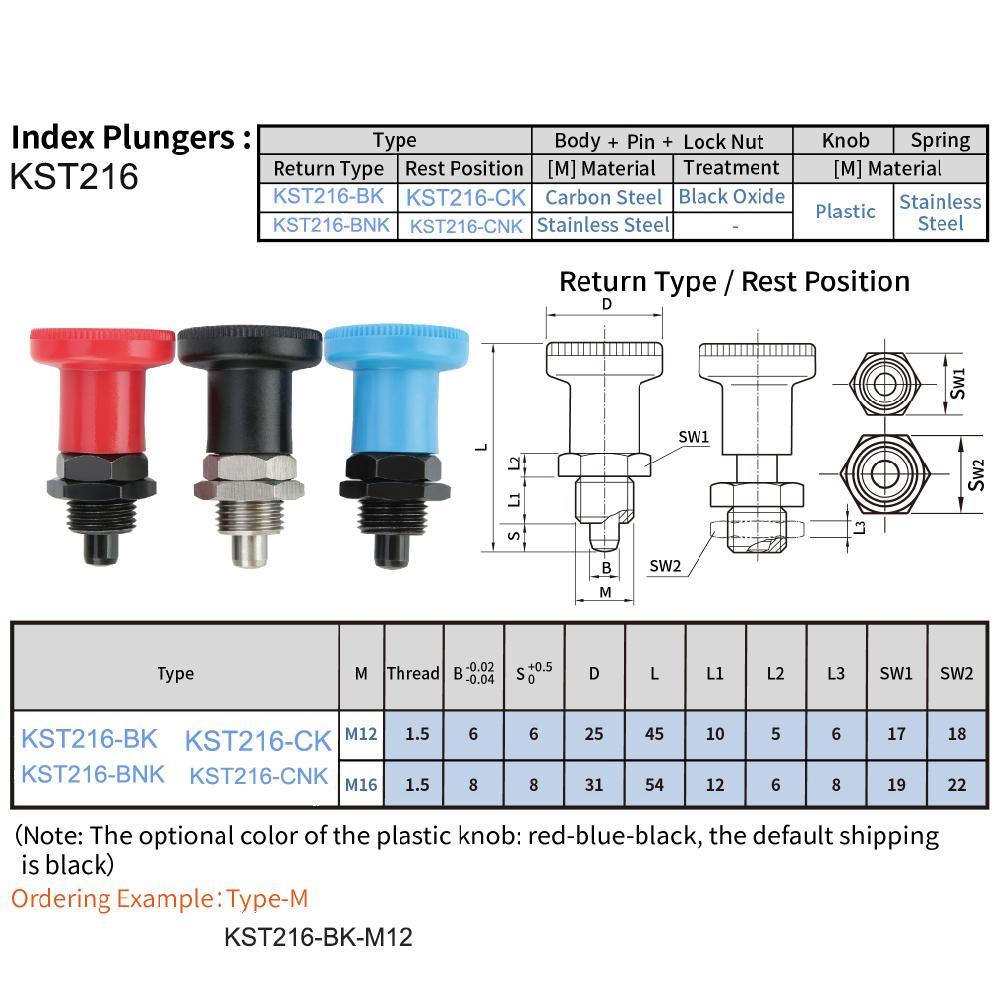 M12/M16 Fine Thread Stainless/Carbon Steel Locking And Positioning Index Bolts KST216 Three Colors Plastic Knob Indexing Plungers