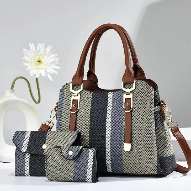 Versatile Tote Bag Women's Korean Single Shoulder Large Bag New Women's Crossbody Bag Ladies Casual Stripe Women Handbag + Purse