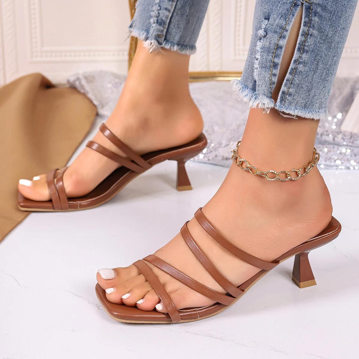 

Женские сандалии, женские элегантные летние шлепанцы на квадратном каблуке, кожаные женские шлепанцы с перекрестной завязкой, модные женские сандалии 2024 года 42 коричневый