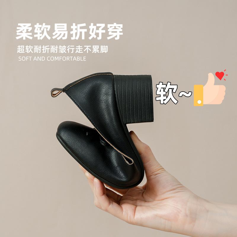 Leather V-mouth single shoes women's thick heel square head soft leather soft sole not tired foot bow retro commuter shallow mouth Mary Jane