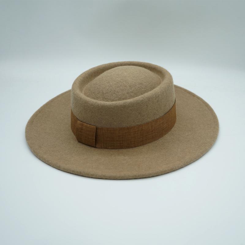French Retro Elegant Mocha Oat Mixed Camel Flat Top Top Hat Women'S Autumn And Winter British Wool Felt Foreign Trade