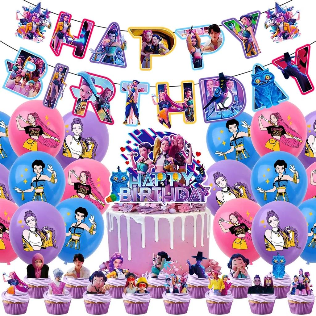 KPop Cacciatori di Demoni Tema Festa di Compleanno Stendardo Palloncino Carino Rumi Mira Zoey Palloncini di Compleanno Topper per Torta Sfondo Decorazione Giocattolo per Festa